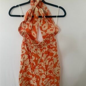 Karlie Orange Floral Halter Mini Dress Open Back Summer Vacation Resort